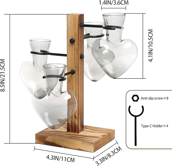 Plant Terrarium Propagation Stations with Wooden Stand, Glass Vase for Indoor Hydroponics Home Garden Office Decoration Gift for Women - 4 Love Bulb Vase