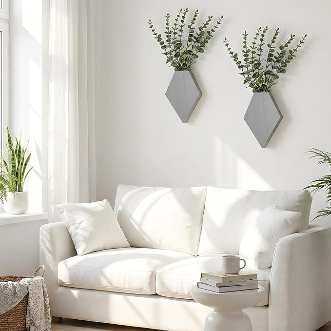 Chunful Wooden Wall Planter Decor Hanging Fake Plants Greenery Flowers Holder Vase Boxes for Wall Farmhouse Bohemian Living Room Bedroom Kitchen Office Indoor Decoration (Light Gray,2 Pcs)