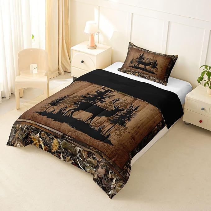 Feelyou Deer Comforter Set All Season Deer Hunting Bedding Set with 1 Pillow Cases Wild Animal Hunting Twin Bedclothes Western Cabin Bedroom Decor Rustic Country Farmhouse Duvet Quilt