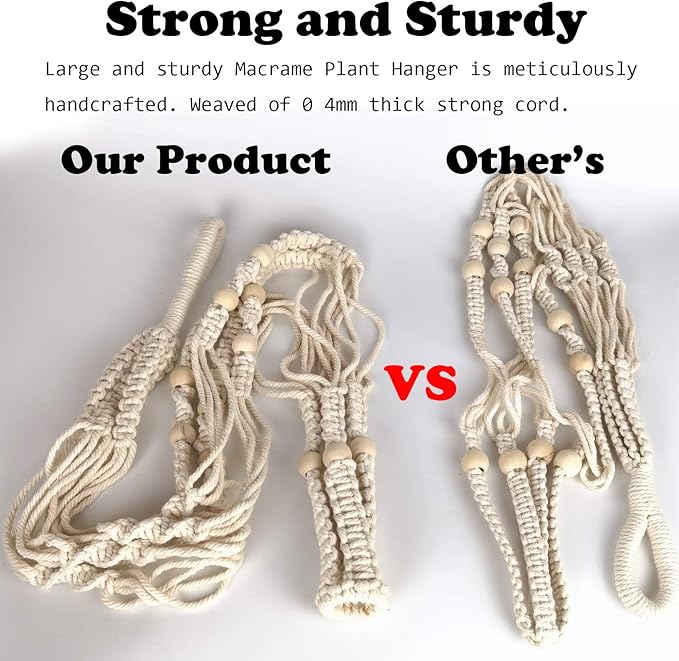 Bouqlife 43 Inches Macrame Plant Hanger Large for 14 inch Pot Extra Long No Tassel Cotton Rope Hanging Plant Holder with Ceiling Hook Bohemian Home Décor Beige 2Pack