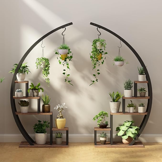 Jojoka Plant Stand Indoor Outdoor 2 Pack, 5 Tier 56" Tall Metal Plant Shelf, Heavy Duty Corner Flower Rack with Hanging Hooks, Multi Plant Holder for Living Room Garden Balcony,Brown