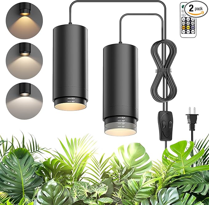 Zoomable Remote Pendant Grow Lights with Auto On/Off Timer, 2X 30W Full Spectrum LED Plant Light 2700K-6000K Dimmable Plug in Hanging Lights for Indoor Plants 20FT Power Cord, Black 2PCS
