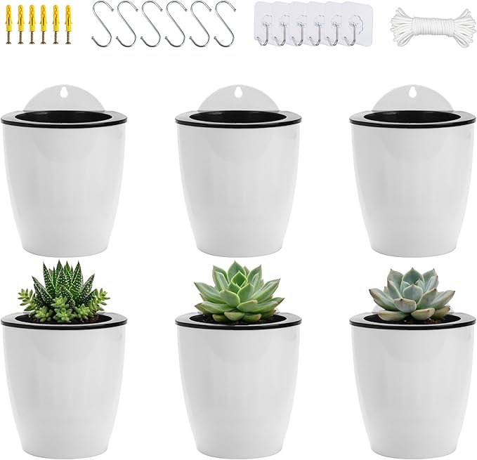4 Inch Self Watering Hanging Planters, Wall Mounted Plant Pots with Complete Accessories, Automatic Watering Flower Pots for Indoor Outdoor Garden, Succulents, Herbs, Home Décor, Set of 6