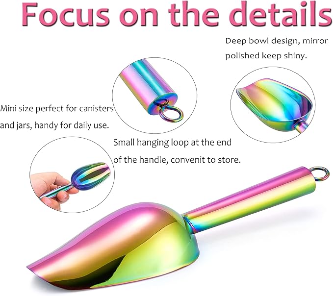 Mini Ice Scoop Set of 4, E-far 3 Ounce Rainbow Stainless Steel Scoops for Candy/Flour/Sugar, Small Metal Scoops for Party/Canisters Jars/Kitchen Bar/Ice Maker, Rust Proof & Dishwasher Safe