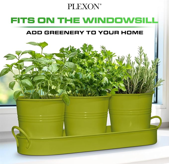 Plexon Herb Planter Indoor Garden Set of 3 with Tray, Metal Herb Pots for Indoor Plants, Round Kitchen Garden Kit Ideal for Windowsill Planter or Countertop, Green Powder Coated