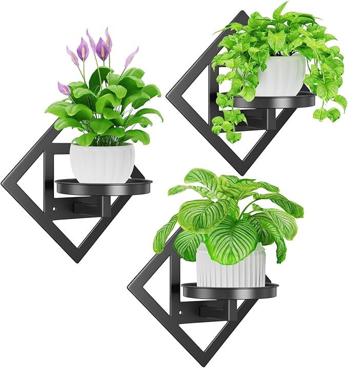Wall Plant Holder Wall Mounted Indoor, Metal Window Plant Wall Hangers Shelf, 3Pcs Modern Floating Flower Display Hanging Plant Stand for Outdoor Kitchen Bathroom Decor