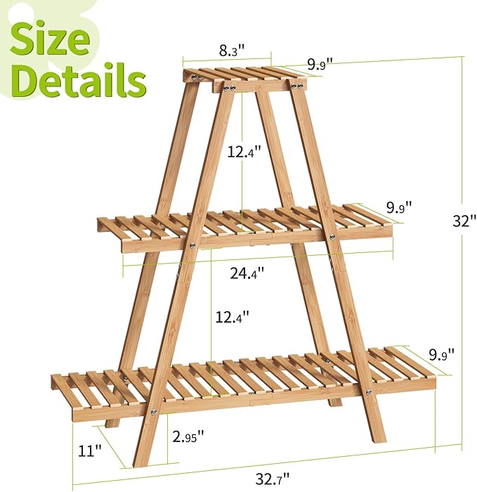 BMOSU Plant Stand Bamboo for Indoor Outdoor Tiered Plant Shelf 8 Potted Flower Holder Ladder Rack Garden Balcony Living Room Patio(3 Tier Natural)
