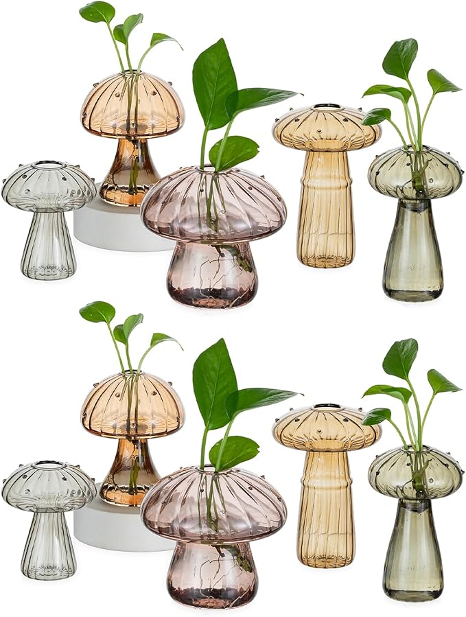 Hewory Glass Mushroom Propagation Stations: Set of 10 Unique Propagation Jars Glass Planter for Indoor Plants Home Decor - Amber Mushroom Vase Christmas Birthday Gifts for Plant Lovers Women Girls