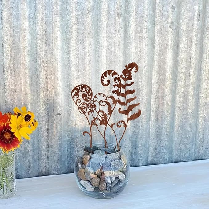Metal Fowers for Outside,Set of 6 Fern Plants Garden Stakes Decorative Statues,Yard Art Outdoor Plant Decorations for Indoor Potted Plant Pots (Brown)