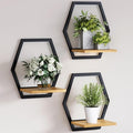 3 Pack Natural Wood & 25 LB Load Metal Wall Plant Holders, 9 inch Solid Wooden Shelf, Mid Century Hanging Planter for Indoor Plants Black