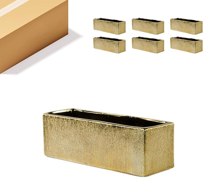 WGVI Long Rectangle Ceramic Planter Vase in Gold Etched 12" x 4" x 4"H, Block Rectangular Terrarium Box Pot, Flower Arrangement, Table top Centerpiece, Home Decor Storage Container, Bulk, 6 Pcs.