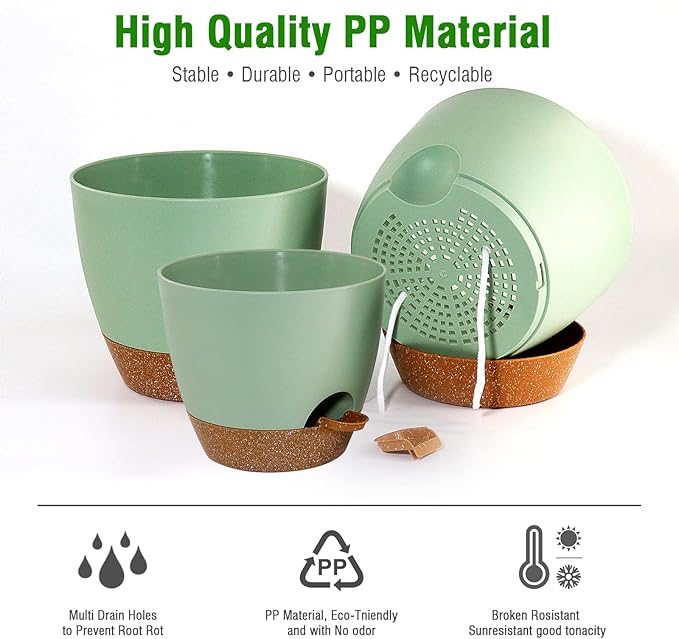 UOUZ Large Self Watering Pots, 12/10/9 Plastic Planters with High Drainage Holes and Deep Reservoir for Indoor Outdoor Garden Plants and Flowers, Green with Brown