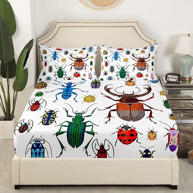 Feelyou Kid's Sheets Set King Size Cute Cartoon Bug Flying s Pattern Bed Sheet Set Soft Breathable Colorful Beetle Sheets Boys Bedroom Decor Bedding Set (1 Flat Sheet + 1 Fitted Sheet +2 Pillow Case)