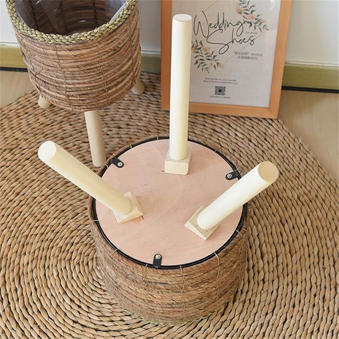 Woven Rattan Woven Plant Pot On Wooden Standing Legs, Round Floor Rattan Plant Stand Holder, Wicker Plant Basket with Stand for Living Room Balcony Home Decor
