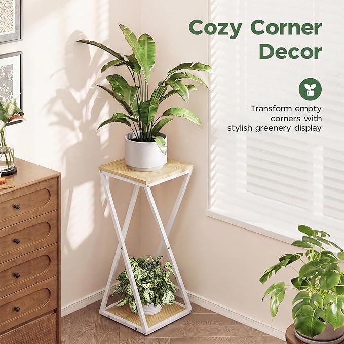 Bamworld Tall Plant Stand Indoor Corner Plant Shelf Tiered Plant Stand Wood Plant Table Heavy Duty Flower Pot Stands Metal Plant Holder for Living Room Bedroom Hallway(White)