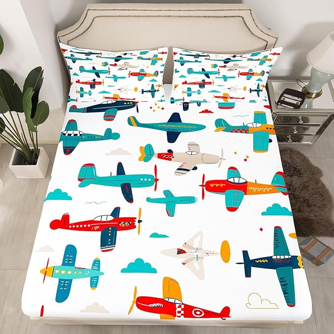 Feelyou Twin Sheets Aircraft Sheet Set for Boys, Kids Cartoon Helicopter Airplane Bedding, Children Toddler Soft and Cozy Cute Flying Plane Bed Sheets Kawaii Room Decor Colorful 3 Pcs
