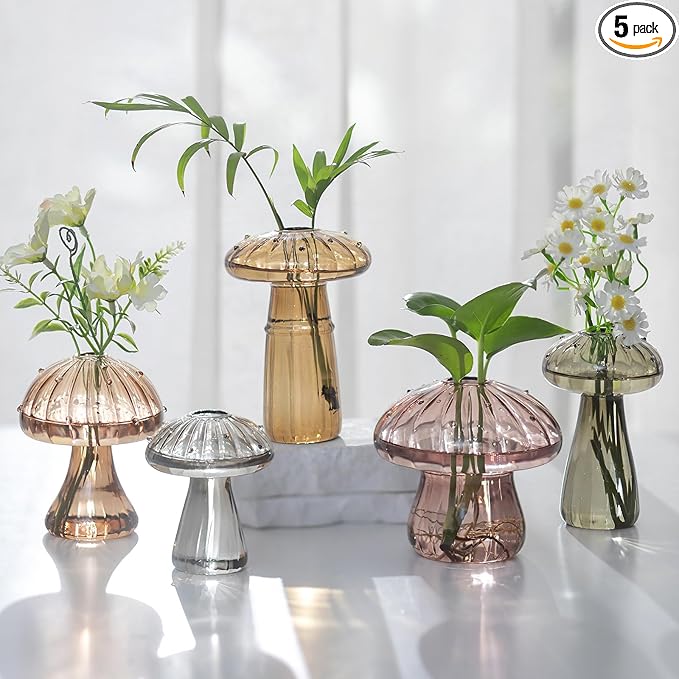Glasseam Mushroom Glass Planter for Plants: Set of 5 Handmade Plant Propagation Stations - Fall Colored Small Hydroponic Terrarium Jars for Home Decor for Plant Lovers
