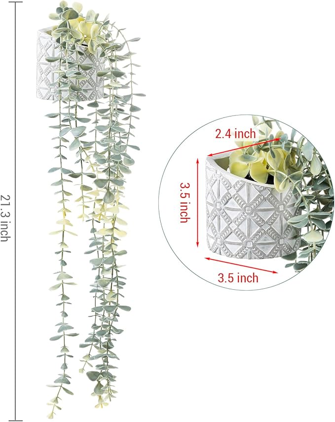 MyGift Wall Mounted Artificial Eucalyptus Plant in Modern Geometric Embossed Pattern Cement Concrete Planter Pot, Fake Faux Decorative Potted Greenery Decor