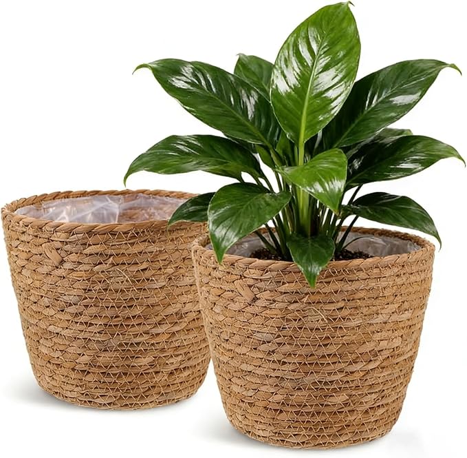 2PCS Seagrass Plant Basket for Indoor and Outdoor,Wicker Large Planter Basket for 6 inch Pot,Rattan Plant Pot Covers for Potted Plants,Woven Storage Baskets for Rustic Boho Farmhouse Decor