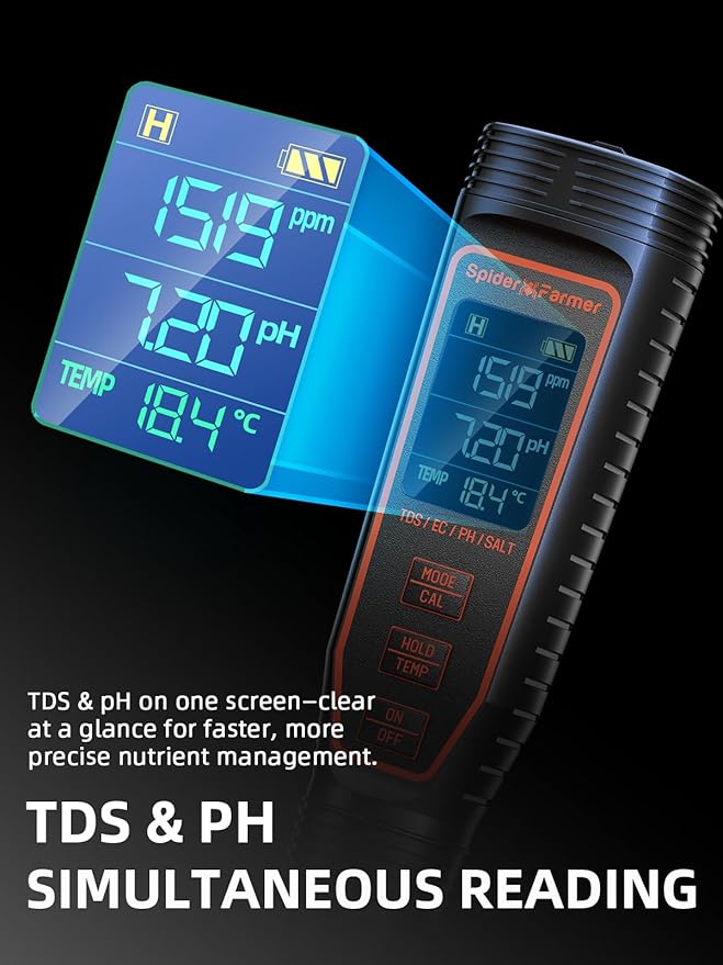 Spider Farmer 5-in-1 Digital pH Meter Kit for Water, TDS EC Temperature Salinity Tester with ATC Rechargeable for Plants Hydroponics Pool Fish Tank and Aquarium (IP67 Waterproof)