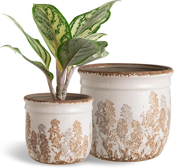 SURE YUESI Set of 2 Ceramic Planters 4.7” & 5.7”, Vintage Brown Rustic Flower Pots Without Drainage Hole, Decorative Indoor Plant Pots for Home Decor, Living Room