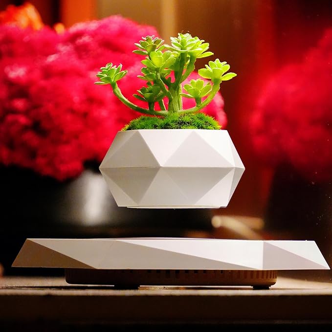 Levitating Plant Pot, Magnetic Levitation Flower Pot Rotating Planters Suspension Floating Plant Succulents Potted for Home Living Room Office Desk Decoration (White)