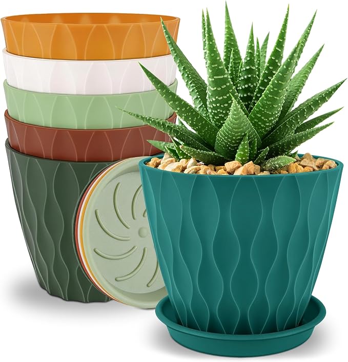 YNNICO 6 inch Plant Pots, 6 Pack Flower Pots Outdoor Indoor, Planters with Drainage Holes and Tray Saucers-Multicolor
