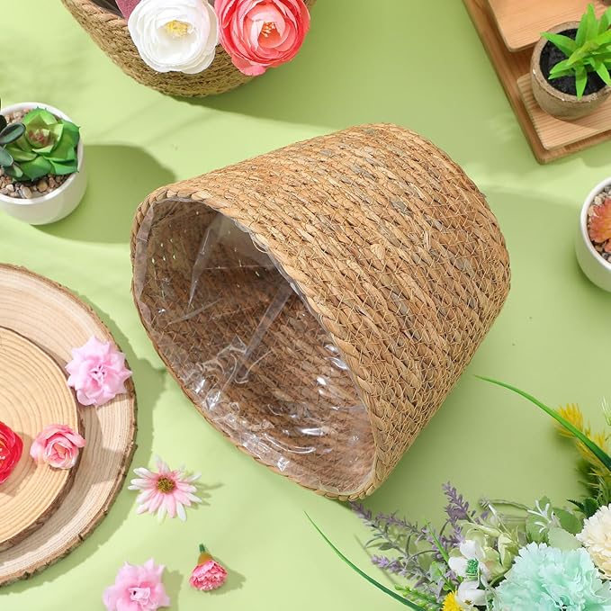 Healifty Woven Plant Baskets with Liner: 2Pcs Round Wicker Seagrass Planter Pots Rattan Straw Baskets Covers for Indoor Outdoor Flower Plants Rustic Home Farmhouse Garden Decor 9.05 X 9.05 X 6.49''