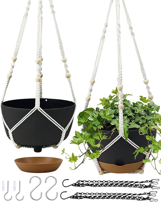 Koalaime Hanging Planter Self Watering 10 Inch, 2 Pack Indoor Outdoor Hanging Baskets, Hanging Flower Pots with Drainage Hole & 2 Kinds of Plant Hangers for Garden Home Decor(Grey)…