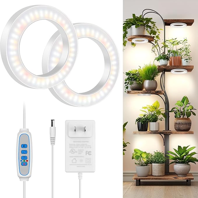 Kullsinss 6" Ceiling Grow Lights for Indoor Plants, 168 LEDs Full Spectrum Grow Light, Halo Under Cabinet Plant Growing Lamp with 6/12/16H Auto Timer, 3 Spectrum Modes, 5 Brightness Levels (2-Head)