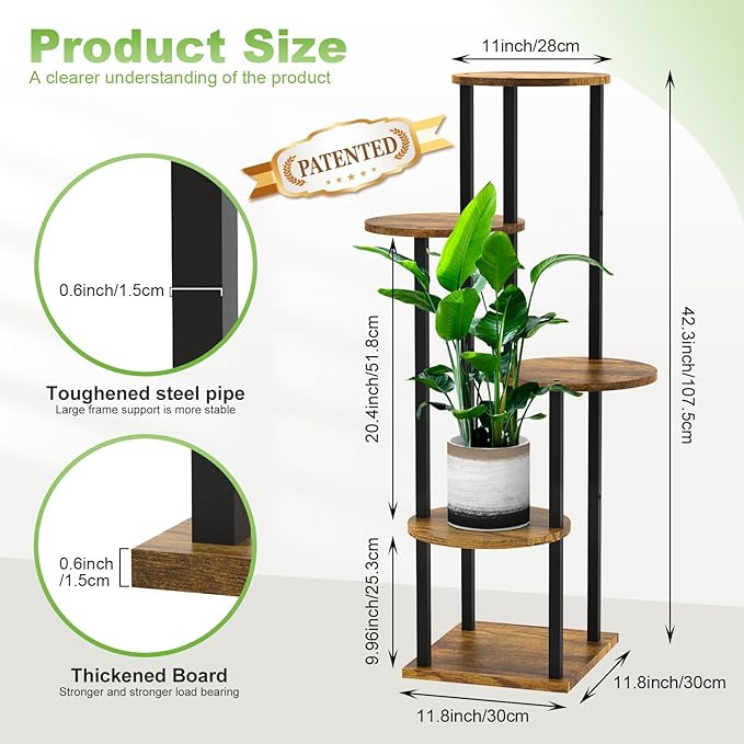 5 Tier Wood Tall Plant Stand Metal Rack Indoor, Multiple Flower Pot Holder Shelves Corner Rack, Round Planter Shelf Display Rack Storage Organizer for Patio Living Room Balcony(Black+Brown)