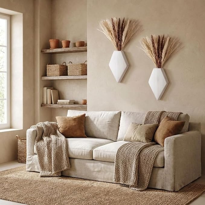 2 Pcs Bohemian Wooden Wall Planter Set with Pampas Grass Modern Farmhouse Wall Decor for Living Room, Bathroom, Bedroom, Office(White Distressed,Regular Style)