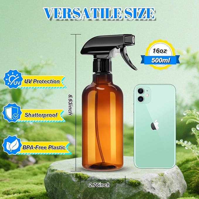 DIYSELF Spray Bottle for Cleaning Plastic Spray Bottles 16 oz 500ml Squirt Bottle for Liquids Amber Spray Lab Weighing Bottles for Home and Garden (2 Pack)