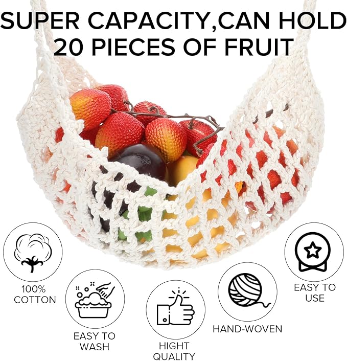 Hanging Fruit Hammock Under Cabinet Macrame Basket for Kitchen with Hooks Hand-Woven Boho Fruit Holder Net Organization Banana Basket for Home Dining Room Cabinet Decor Boat Camper Rv