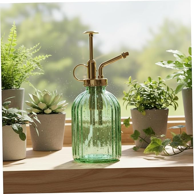 Plant Misters, Glass Plant Mister, 7.5 Inch Elegant Green Glass Watering Can with Gold Pump, Perfect Indoor Mister for Succulents, Ferns and Home Decor, Spray Bottle