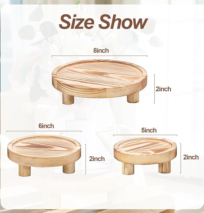 3 Pcs Wooden Risers for Display, Round Wood Riser Plant Stand 5/6/8" Pedestal Stand, Flower Pot Holder Small Planter Tray for Kitchen Home Décor (Light Brown)