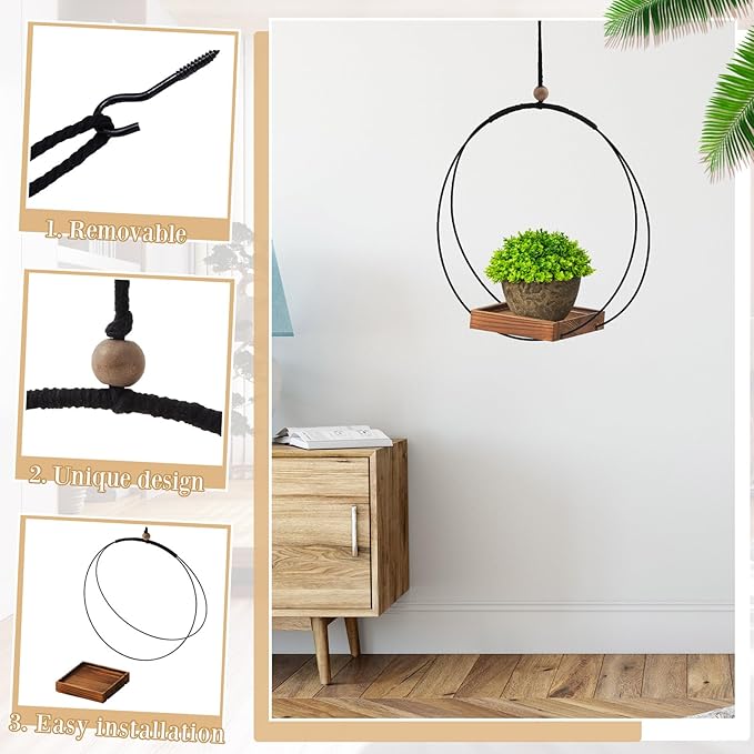 Geelin 4 Pack Plant Hanger with Wood Base Hanging Window Planter Boho Macrame Hanging Potted Plant Holders for Indoor Outdoor Window Wall Ceiling Home Decoration, Pot & Sapling Not Included (Brown)