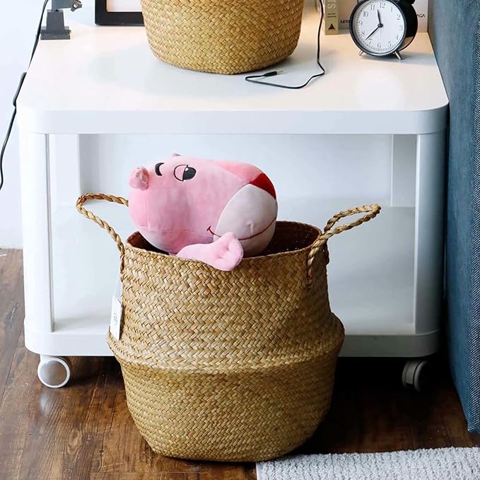 Seagrass Plant Basket Set of 3 Handmade Woven Belly Basket with Handles 3 Different Size Home Decor Storage Basket Large Storage Laundry Picnic Plant Pot Cover Pot Woven Straw Basket(S+M+L,Original)