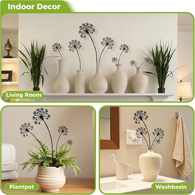 KODIBO 5-Pack Black Dandelion Metal Garden Stakes Outdoor Decor, Matte Powder-Coated Yard Stakes Set, Metal Yard Art, Modern Minimalist Garden Accents for Lawn, Borders, Planters, Porch & Patio