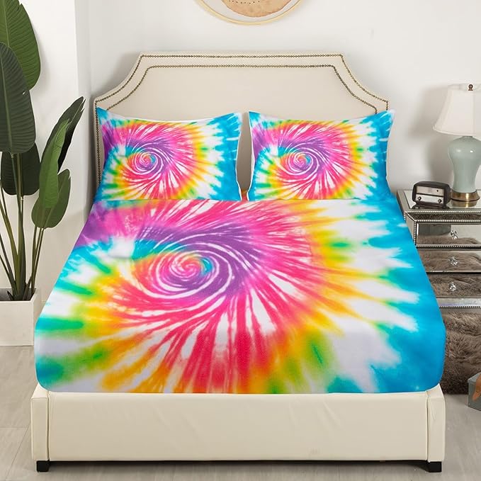 Tie Dye Sheet Set, Boho Trippy Swirl Bed Sheets, Bohemian Gypsy Bedding Set, Hippie Style Sheets, Colorful Kids Girls Women Bed Sheet Set Full, 1 Flat Sheet + 1 Fitted Sheet + 2 Pillow Case, Soft