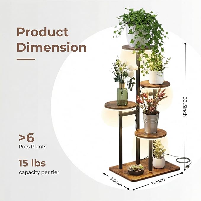 4 Tier Plant Stand Indoor with Grow Light, Tiered Plant Stands for Indoor Plants Multiple, Corner Flower Stand for Living Room, Multi-Layer Vintage Design Plant Shelf