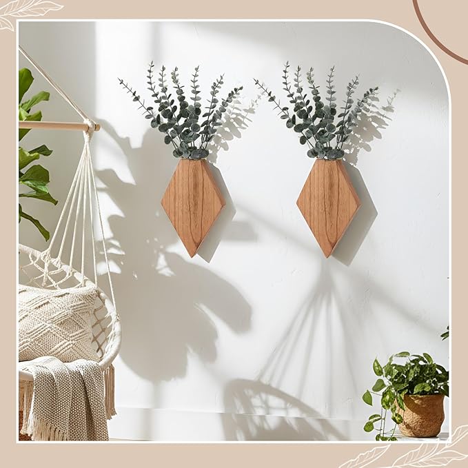 Chunful 2 Pcs Wooden Wall Planter Decor Hanging Fake Plants Greenery Flowers Holder Vase Boxes for Wall Bohemian Farmhouse Room Kitchen Office Indoor Decoration (Wooden Color,9.8 x 6.6 x 1.2 Inches)
