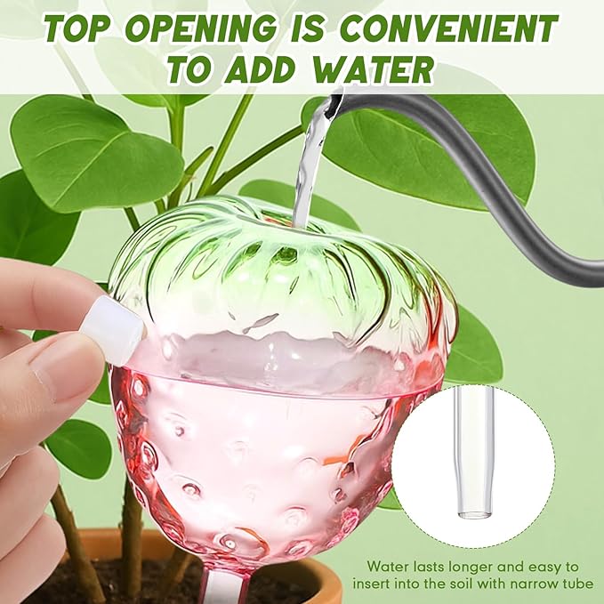 Vesici 4 Pcs Strawberry Watering Globes for Plant Self Top-Fill Watering Planter Insert Large Glass Bulb Waterer for Travel Vacation Indoor Outdoor Plants