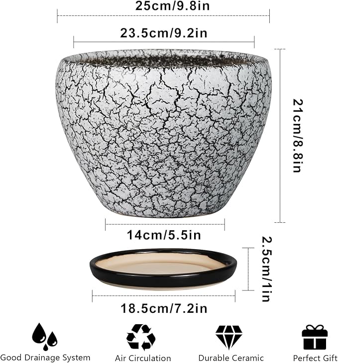 Ceramicfor Ceramic Planters for Indoor Plants - 10 Inch Plant Pot with Drainage Hole and Saucer, Large Flower Pot for Home Decor, White/Black