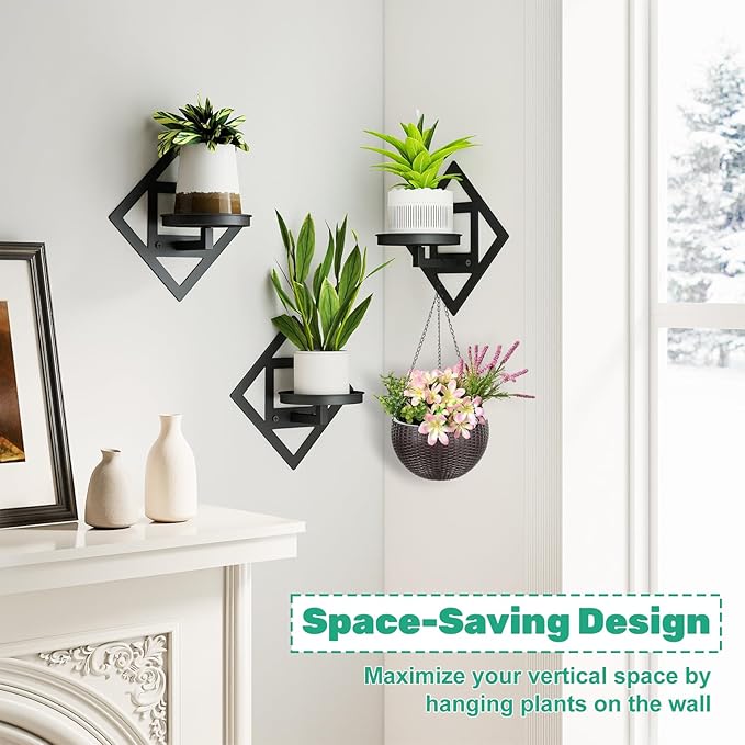 Wall Plant Holder Wall Mounted Indoor, Metal Window Plant Wall Hangers Shelf, 3Pcs Modern Floating Flower Display Hanging Plant Stand for Outdoor Kitchen Bathroom Decor