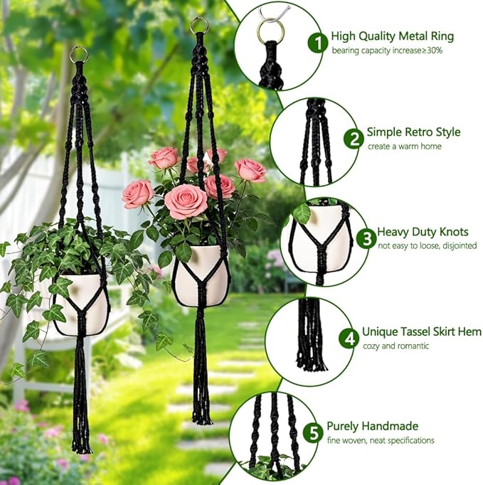 Macrame Plant Hangers 2 Pack Indoor Outdoor Hanging Planter Basket Handmade Rope Hanging Plant Holder for Indoor Outdoor Boho Home Decor 41 Inch, Black