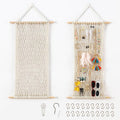 Pretty Jolly Hanging Jewelry Mesh Organizer Macrame Wall Mounted Necklaces Storage Earring Display Rack Girls Hair Clips Hanger with 20 Pieces S Shape Hooks for Bracelets,Necklace and Rings(Beige)