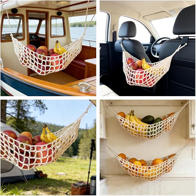 2-Pack Hanging Fruit Hammock with Hooks - Macrame Under Cabinet Veggie Banana Basket, Hand-Woven Boho Fruit Holder, Save Counter Space for Kitchen Home RV Boat (Ivory)