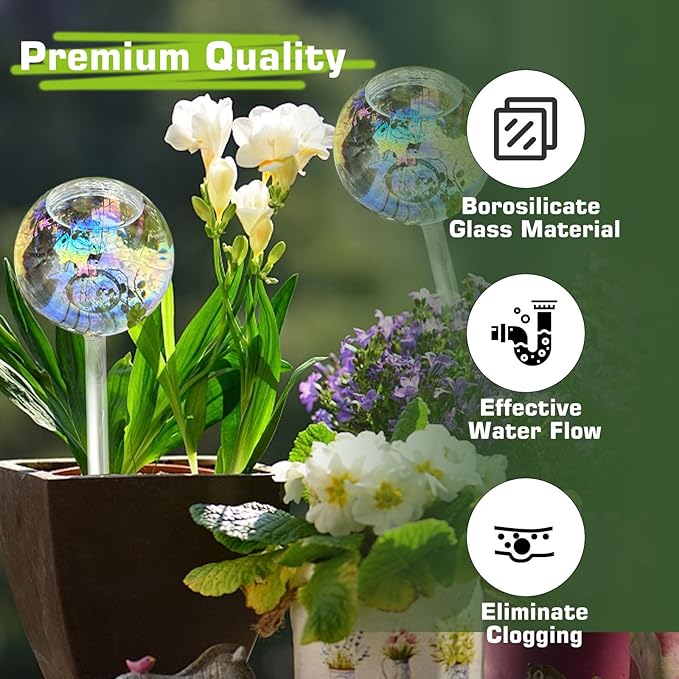 Self Watering Globes, Glass Rainbow Plant Watering Globes, Self Watering Planter Insert for Indoor & Outdoor Potted, Self Watering Planter Insert Spikes Devices for Everyday or Vacation Use, 4 Pack