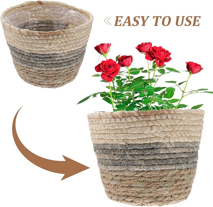 Healeved 2PCS Seagrass Plant Basket with Liner for Indoor Plants Rattan Pots 6inch Weaving Straw Planter Baskets Wicker Small Rustic Decorative Flower Pots for Desktop